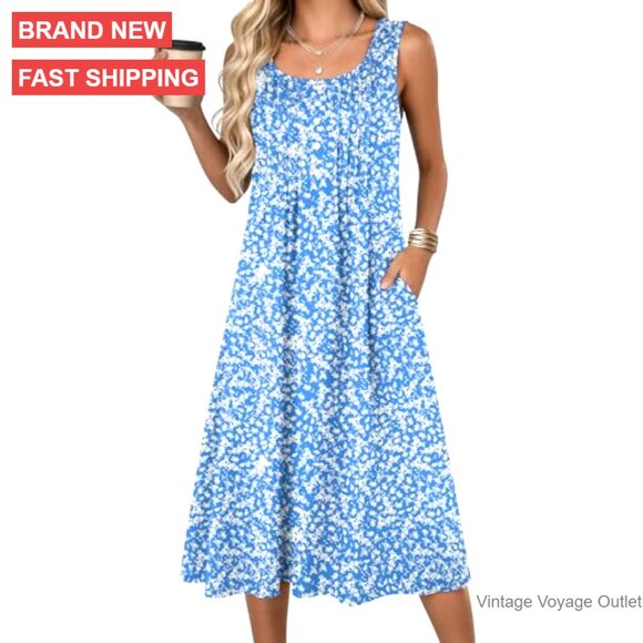 Flowy A-Line Midi Tank Dress with Pockets Casual Summer Sundress - Picture 2 of 7